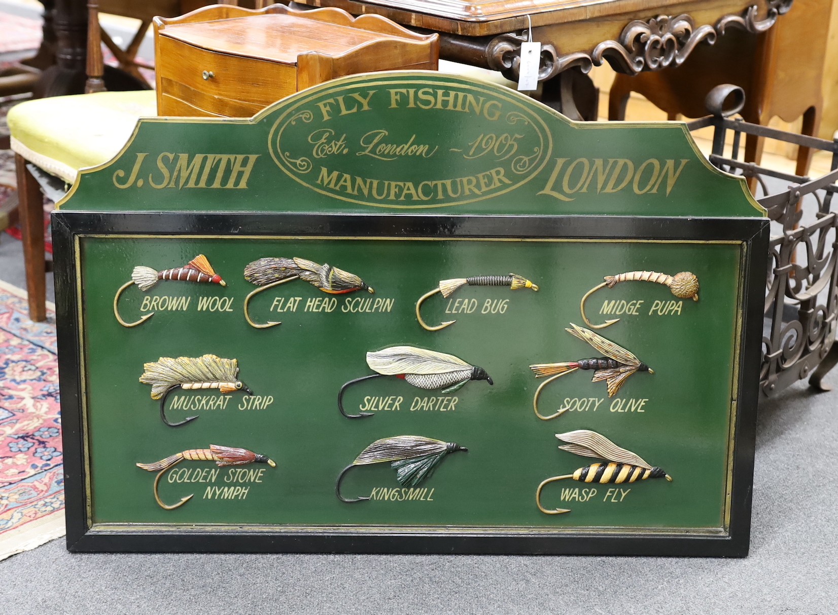 A fly fishing sign J Smith of London, 96cms wide x 65cms high